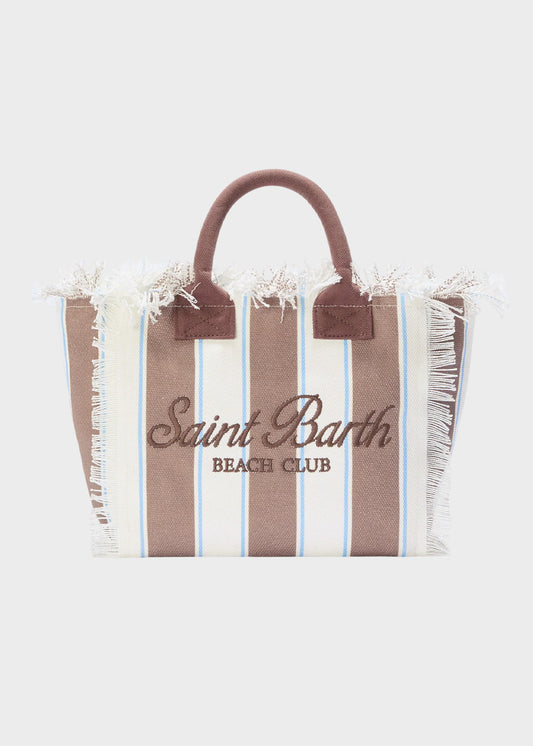 Borsa da mare media Colette in canvas a righe marroni con logo ricamato e tracolla