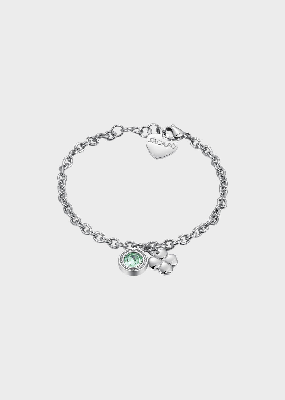 Bracciale Lucky Light in acciaio con cristallo Swarovski© verde e pendente a forma di quadrifoglio