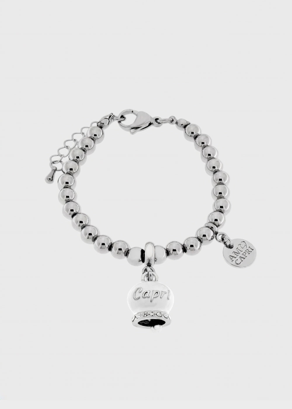 Bracciale in Acciaio a sfere color argento con campanella bianca con scritta Capri