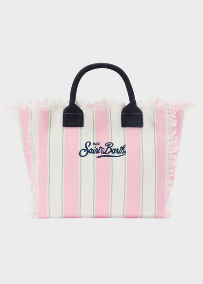 Borsa da mare grande Vanity in canvas a righe rosa con logo ricamato