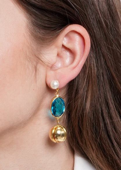 Orecchini pendenti in Metallo color oro con pietre azzurre e sfere