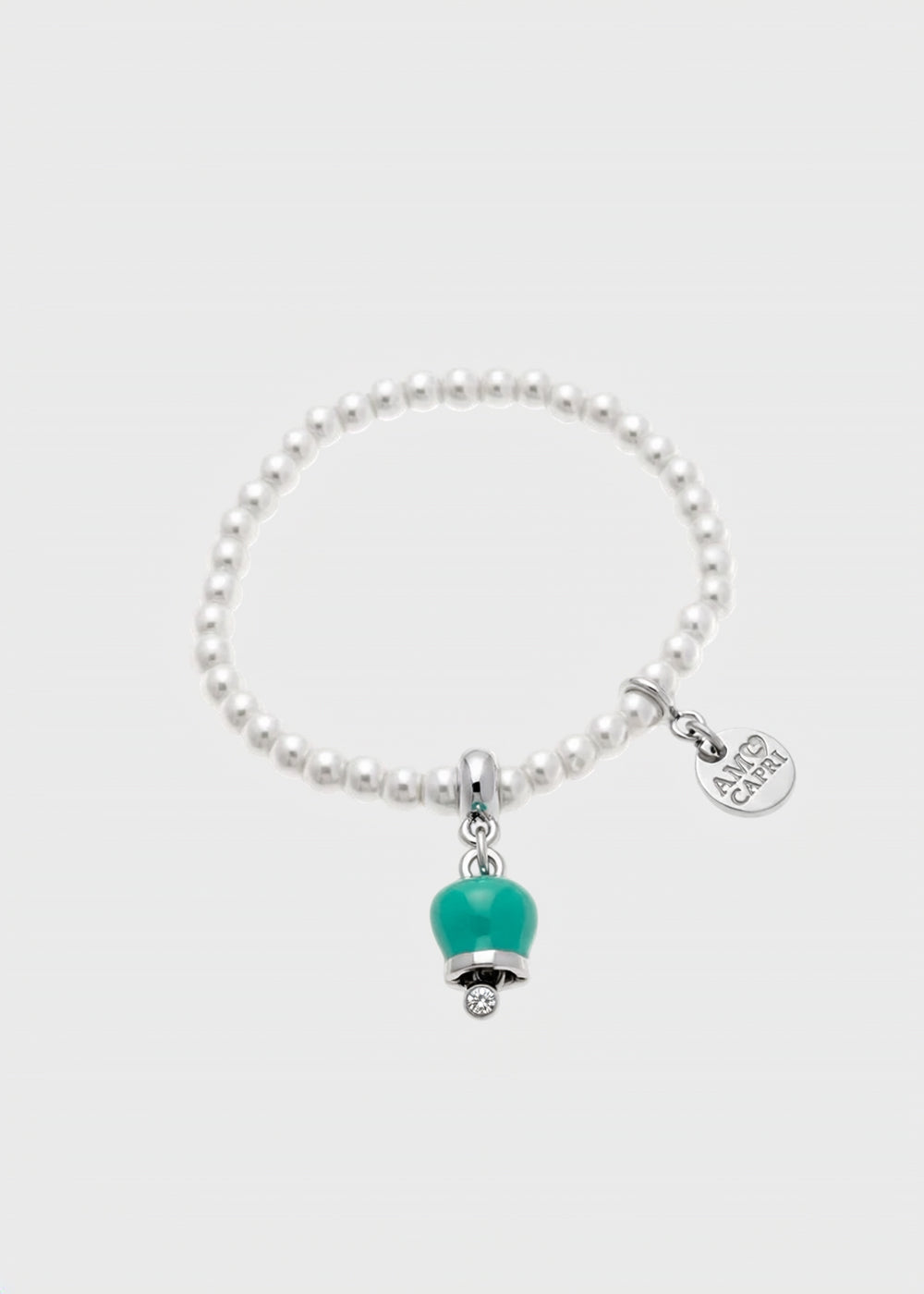 Bracciale in Acciaio con perle e campanella portafortuna in smalto turchese