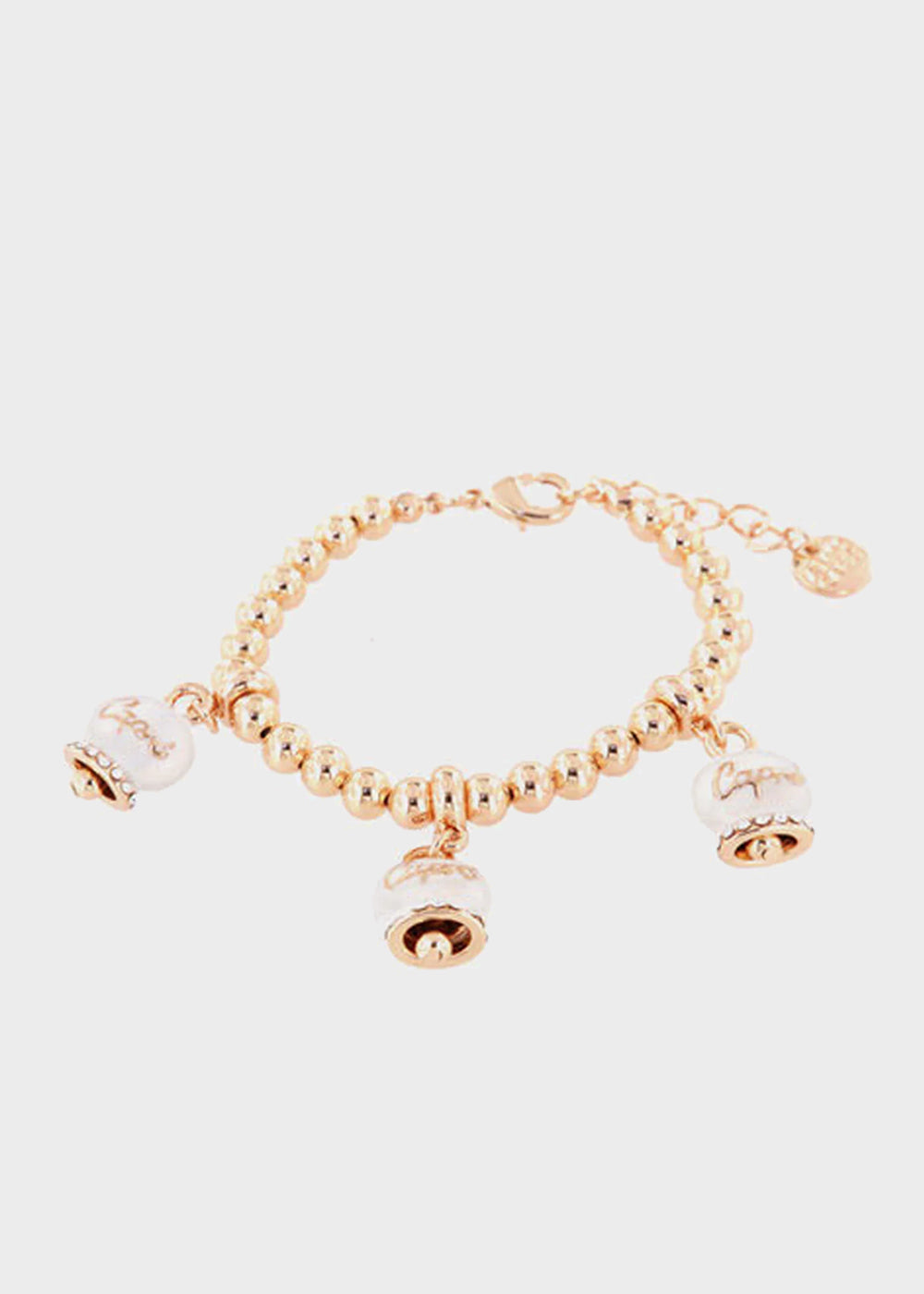 Bracciale in Metallo maglia a sfere color oro rosa con tre campanelle portafortuna bianche e cristalli