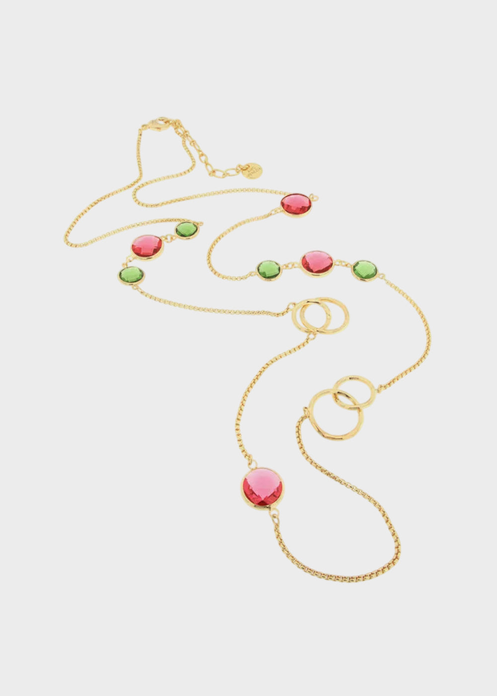 Collana in Metallo lunga color oro con cristalli rossi e verdi