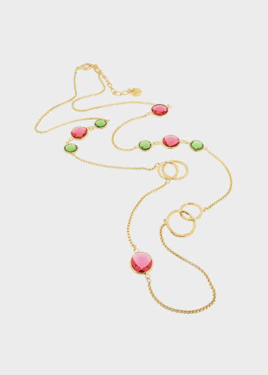 Collana in Metallo lunga color oro con cristalli rossi e verdi