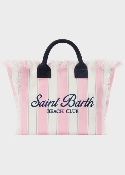 Borsa da mare grande Vanity in canvas a righe rosa con logo ricamato