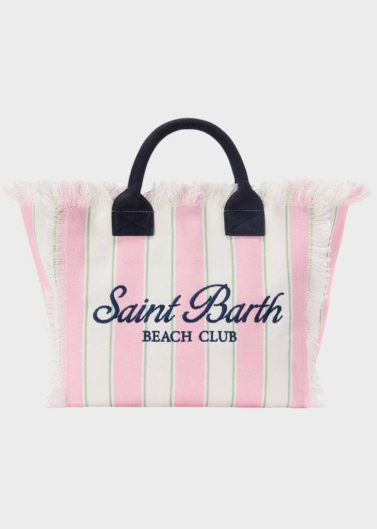 Borsa da mare grande Vanity in canvas a righe rosa con logo ricamato