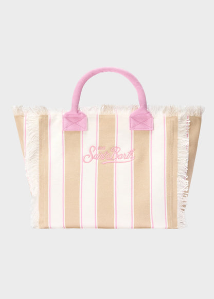 Borsa da mare grande Vanity in canvas a righe beige con logo ricamato