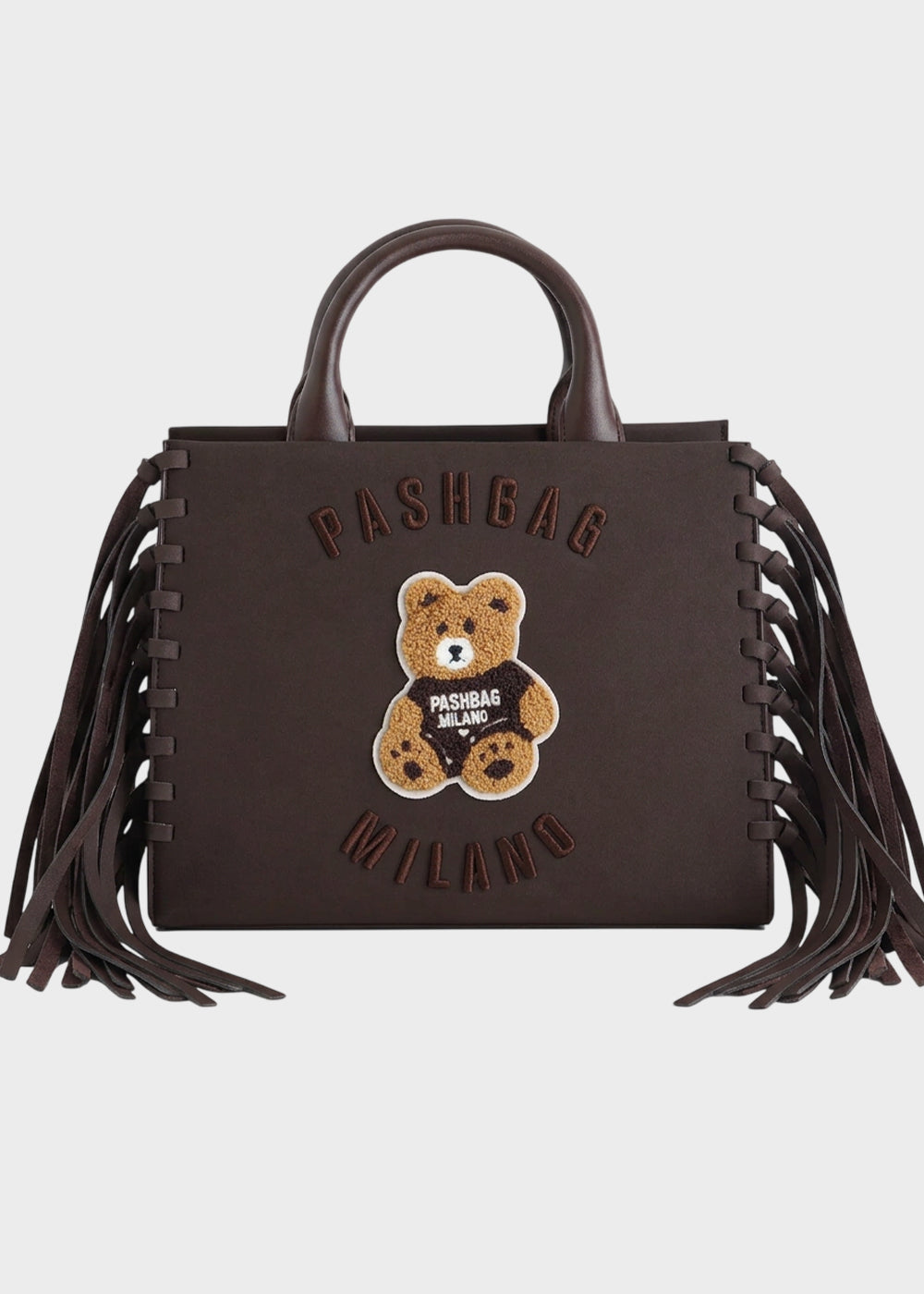 Borsa a mano Marge in camoscio sintetico con tracolla, frange e applicazione orsetto centrale Teddy-1