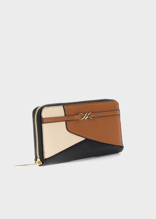 Zip around wallet, leather effect with patchwork workmanship and logo