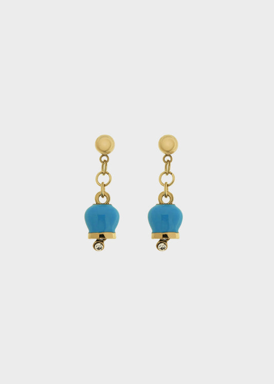 Orecchini in Acciaio color oro con campanella azzurro impreziositi da punto luce