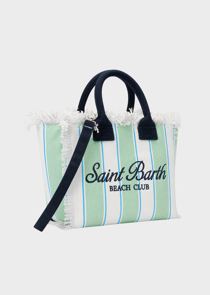 Borsa da mare media Colette in canvas a righe verdi con logo ricamato e tracolla