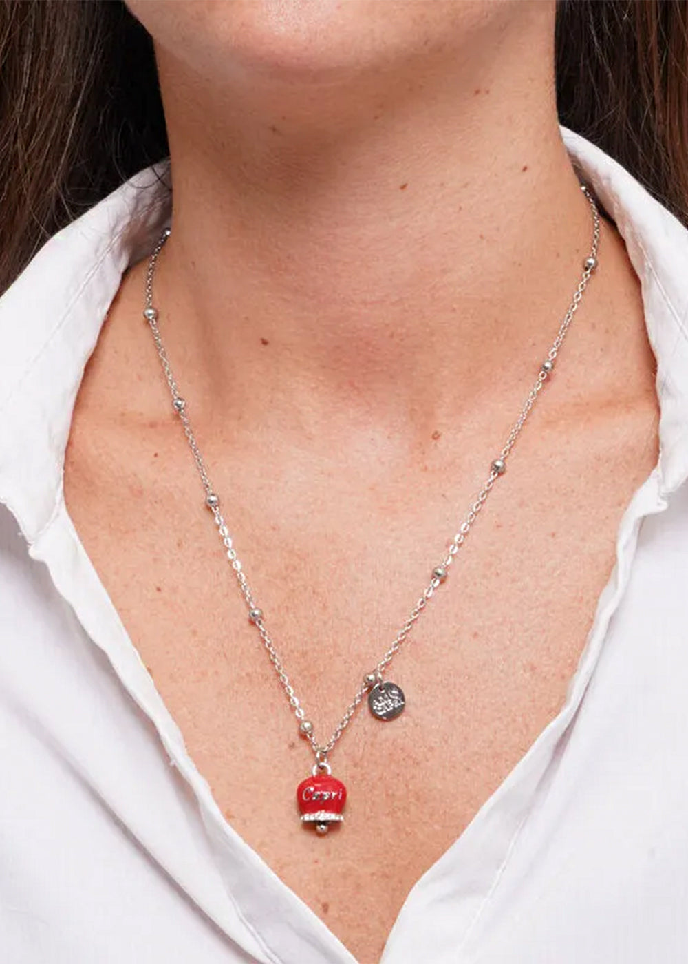 Collana in Acciaio color argento con Campanella Portafortuna Capri Rossa