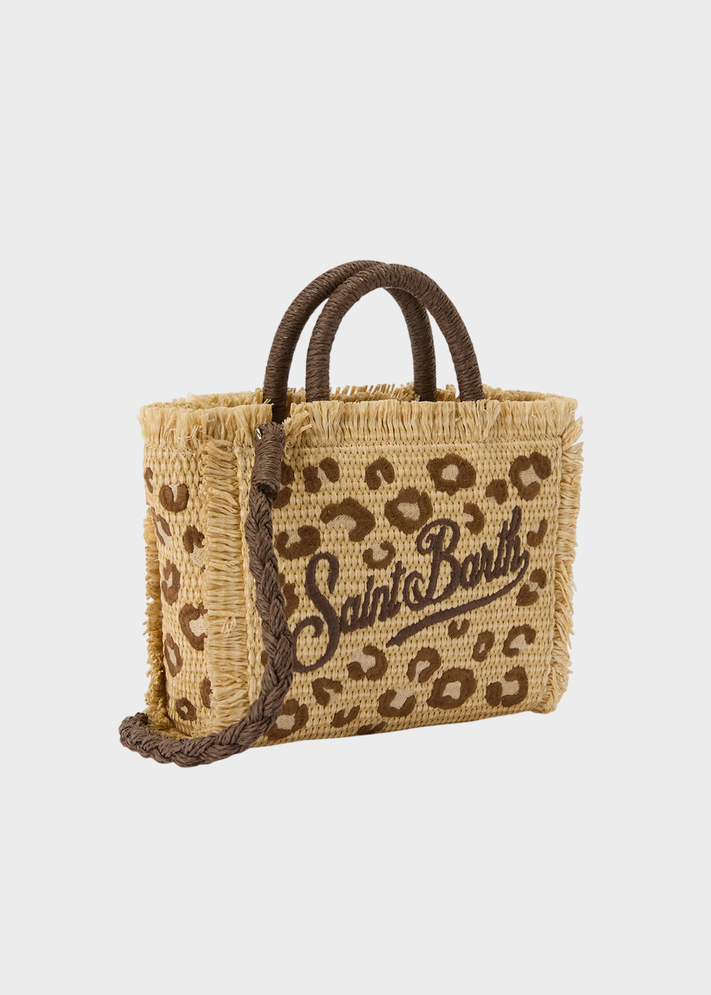 Borsetta da mare piccola Vanity Mini Straw Leopard con tracolla in tessuto effetto paglia