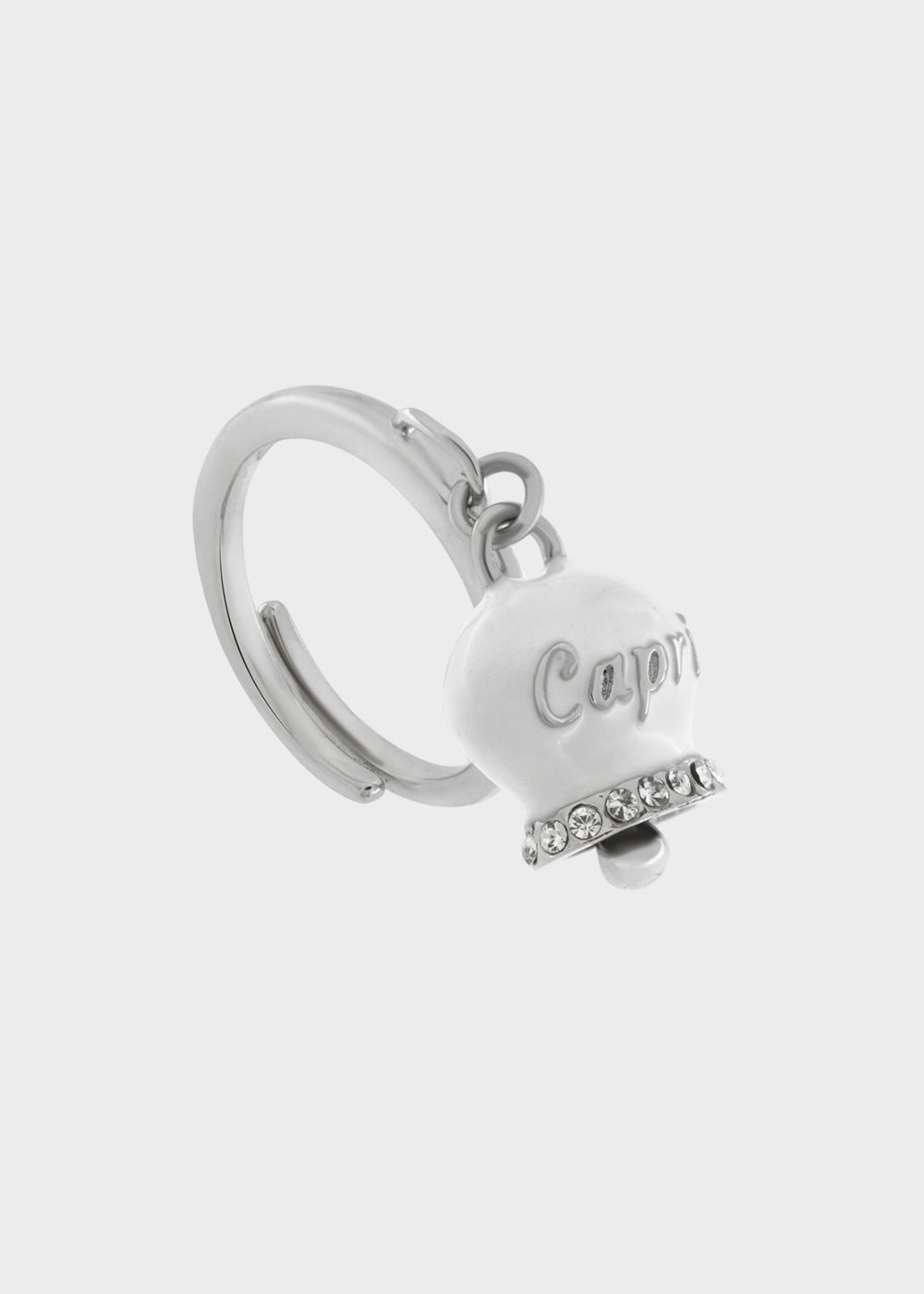 Anello in Acciaio color argento con campanella bianca con scritta Capri