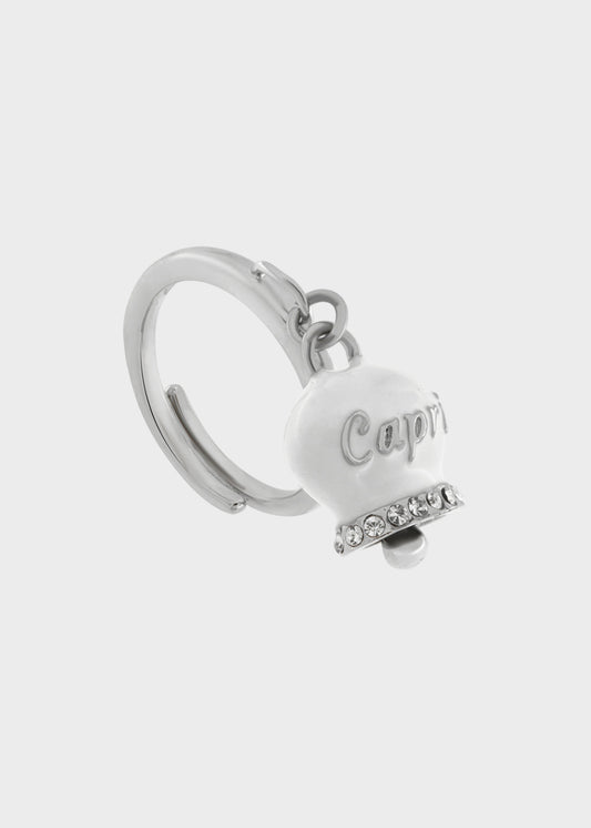Anello in Acciaio color argento con campanella bianca con scritta Capri