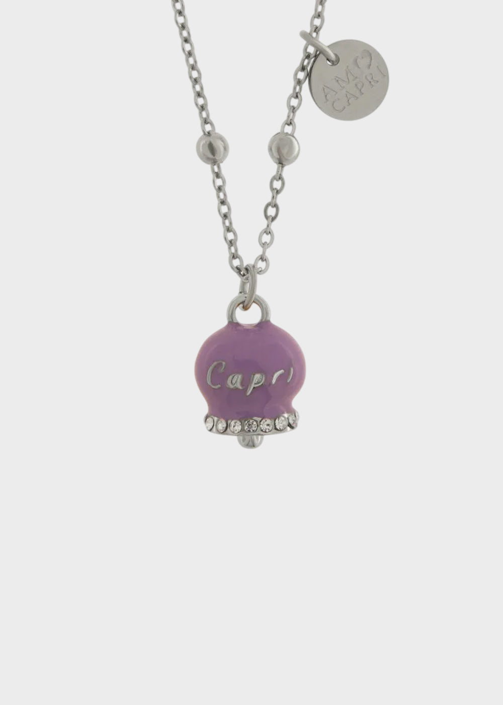 Collana in Acciaio color argento con Campanella Portafortuna Capri Viola Amethyst Orchid