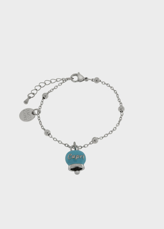 Bracciale in Acciaio color argento con campanella pendente azzurra con scritta Capri