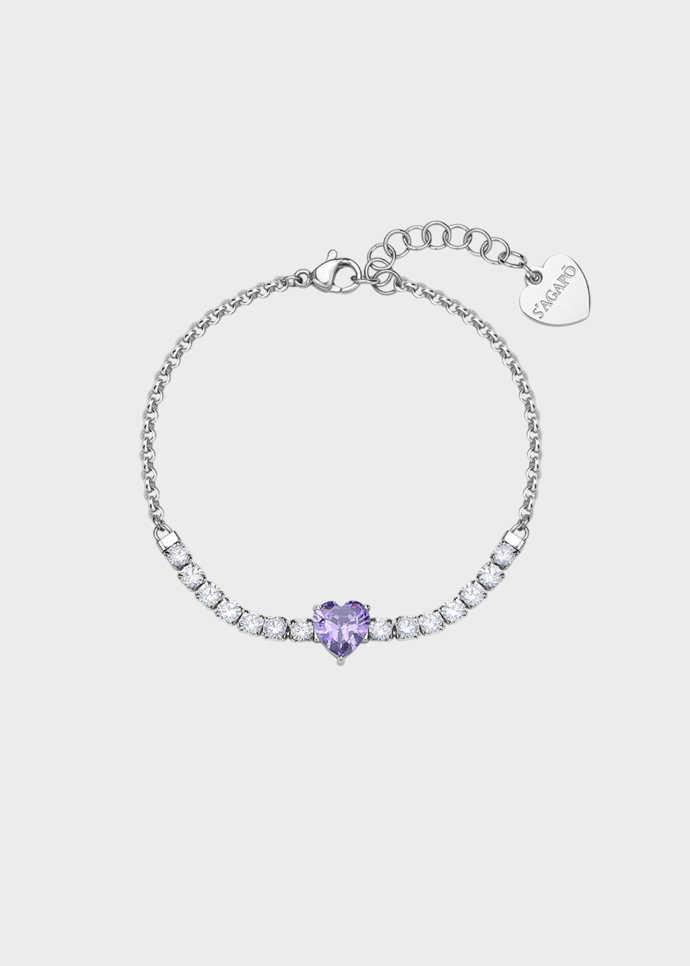 Bracciale Dazzly in acciaio con zirconi chiari e zircone centrale a forma di cuore viola