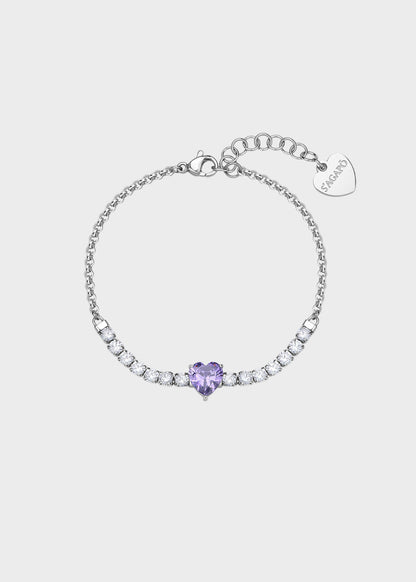 Bracciale Dazzly in acciaio con zirconi chiari e zircone centrale a forma di cuore viola