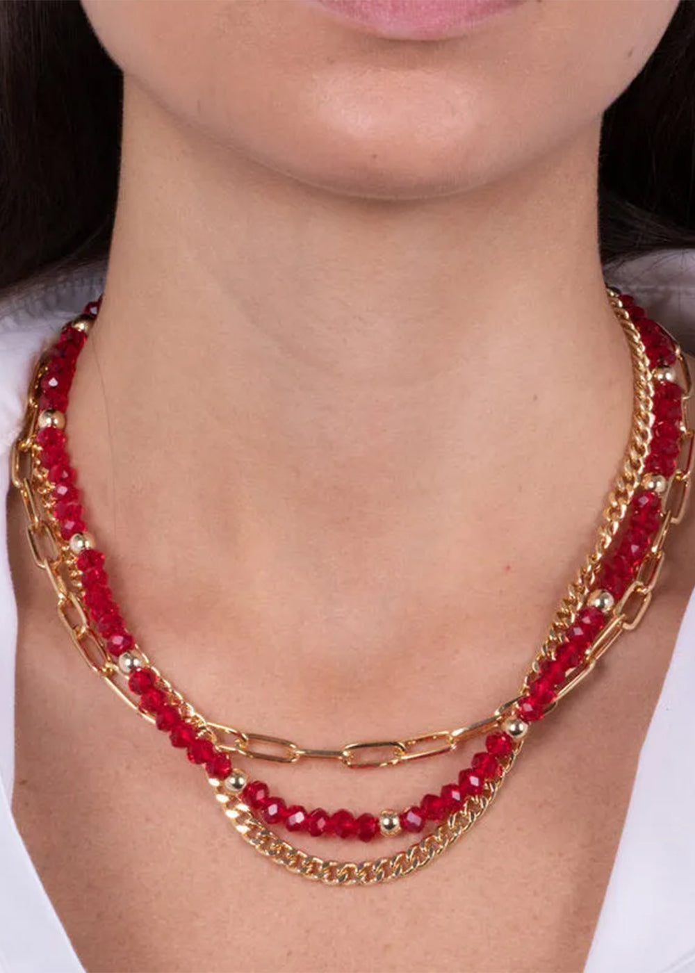 Collana multifilo in Metallo con pietre rosse e catene
