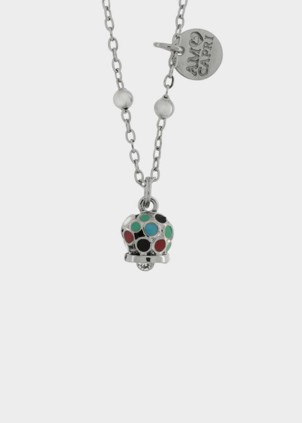 Collana in Acciaio color argento con campanella pendente impreziosita da smalti multicolore