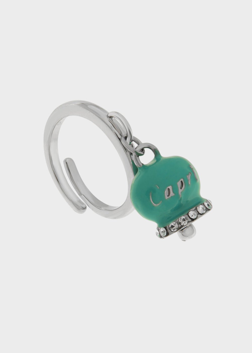 Anello in Acciaio color argento con campanella verde acqua e scritta Capri e zirconi