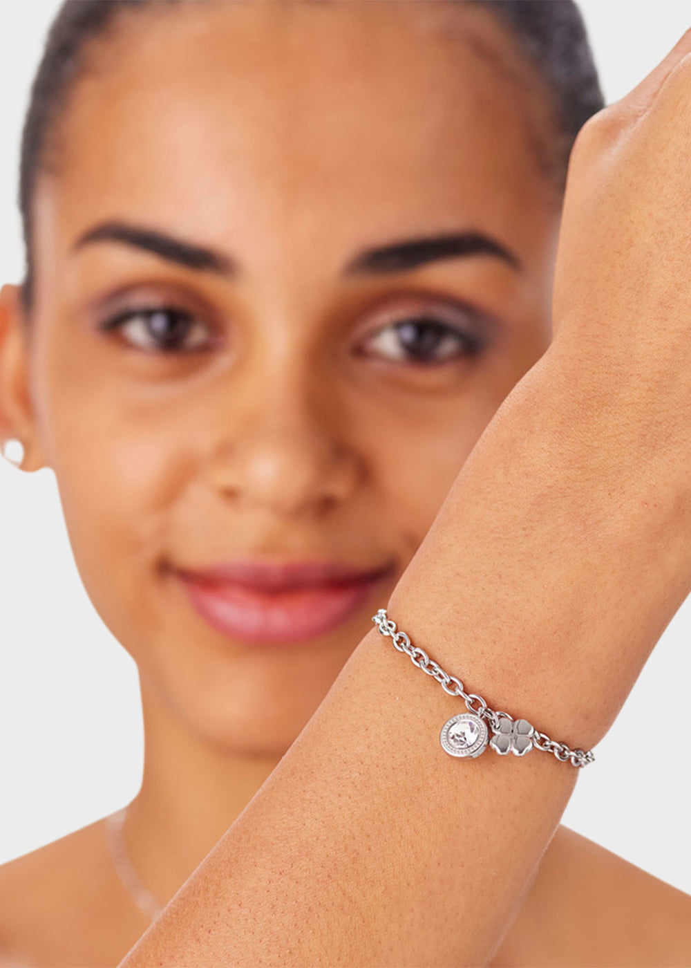 Bracciale catena Lucky Light in acciaio con cristallo e pendente a forma di quadrifoglio