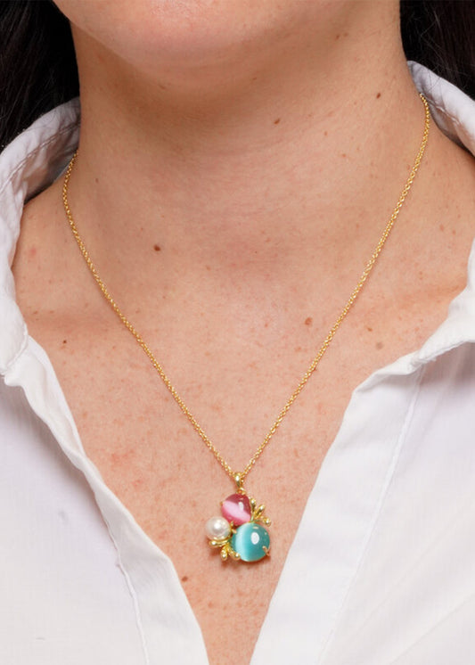 Collana in Metallo color oro con pietre circolari colorate