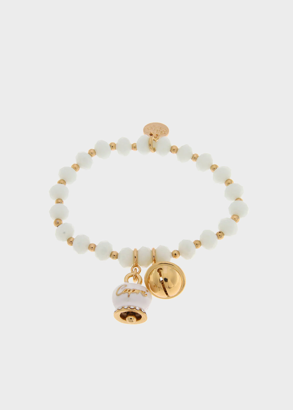 Bracciale in Metallo con campanella bianca e piccolo sonaglio con pietre bianche