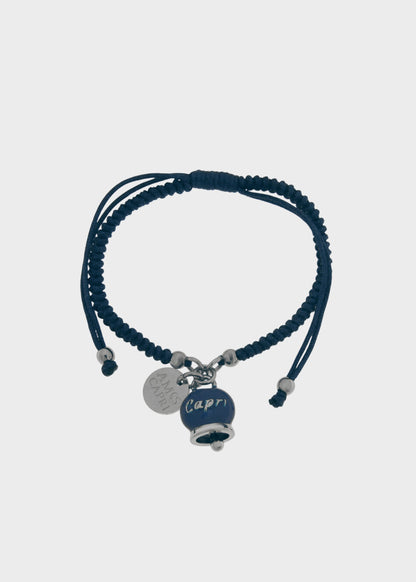 Bracciale in tessuto e Acciaio con Campanella Portafortuna Blu mare di Capri