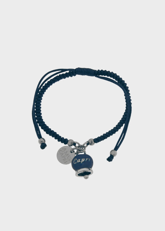 Bracciale in tessuto e Acciaio con Campanella Portafortuna Blu mare di Capri