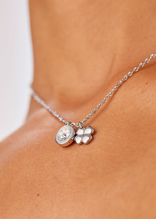 Collana Lucky Light girocollo in acciaio con cristallo e pendente a forma di quadrifoglio