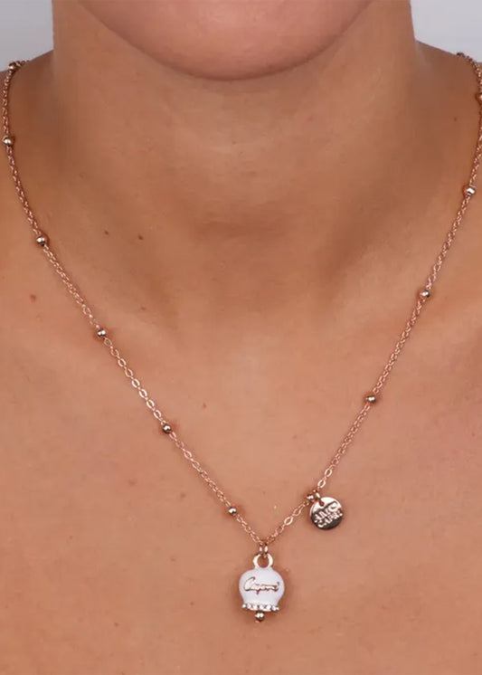 Collana in Metallo color oro rosa con campanella Capri bianca e cristalli