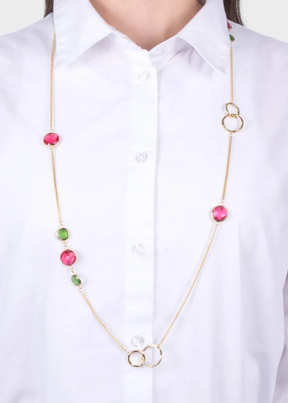 Collana in Metallo lunga color oro con cristalli rossi e verdi