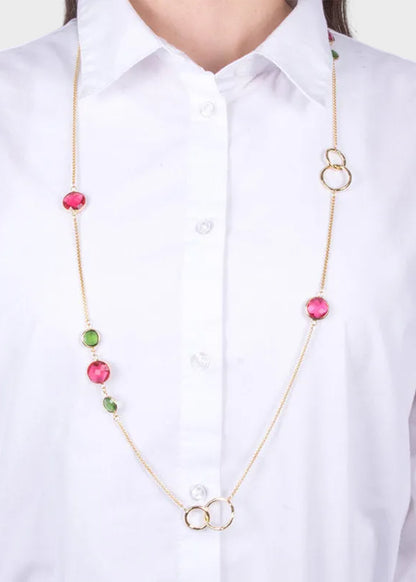 Collana in Metallo lunga color oro con cristalli rossi e verdi