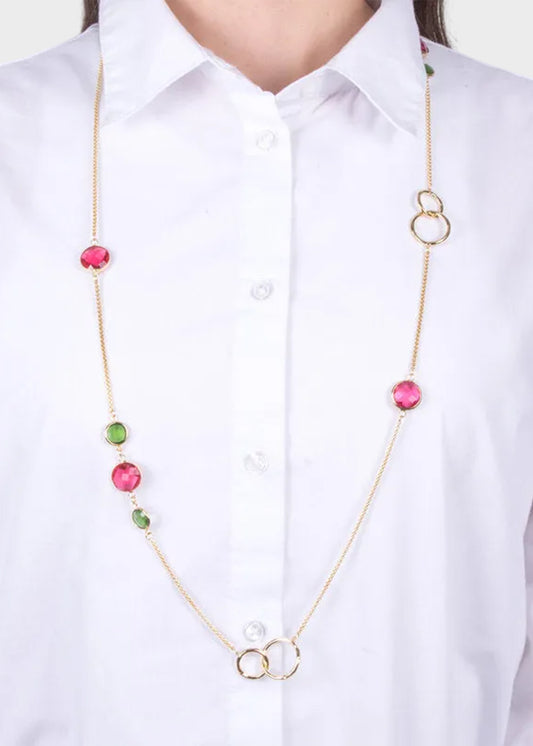 Collana in Metallo lunga color oro con cristalli rossi e verdi