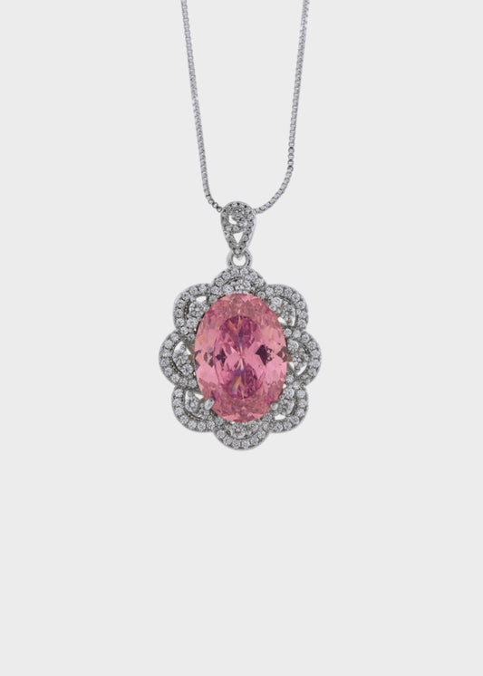 Collana in Metallo color argento con zircone rosa centrale