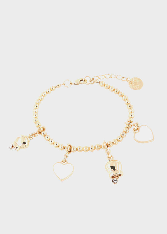 Bracciale in Metallo multi ciondoli color oro a forma di campanella e cuori in smalto bianco