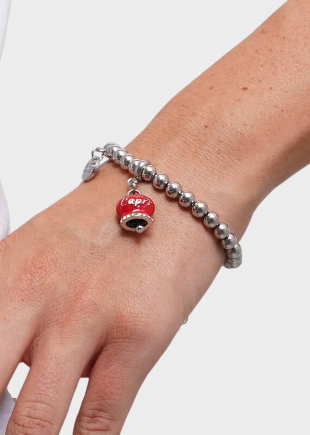 Bracciale in Acciaio a sfere color argento con campanella rosso con scritta Capri-2