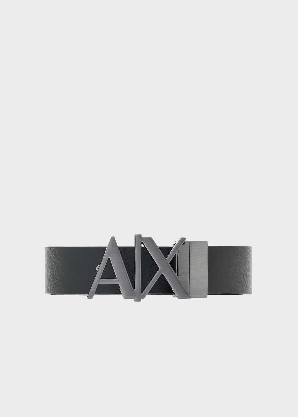 Cintura in pelle con placca AX reversibile nera e grigio scuro (3 cm)