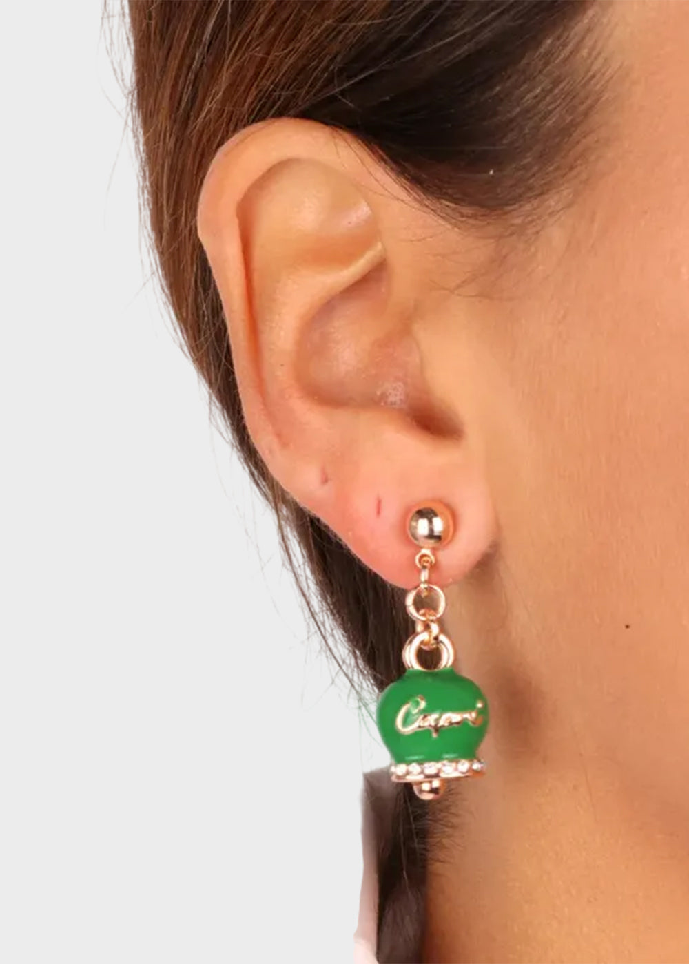 Orecchini in Metallo color oro rosa con campanella Capri verde e cristalli