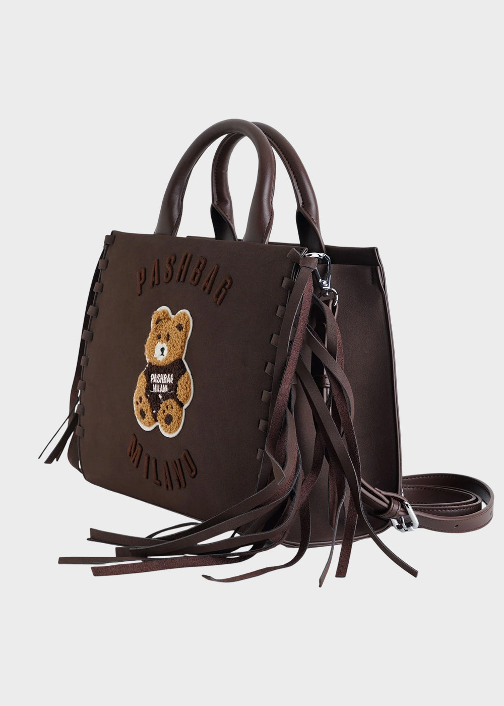 Borsa a mano Marge in camoscio sintetico con tracolla, frange e applicazione orsetto centrale Teddy-2