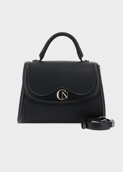 Handbag with shoulder strap and flap with logo