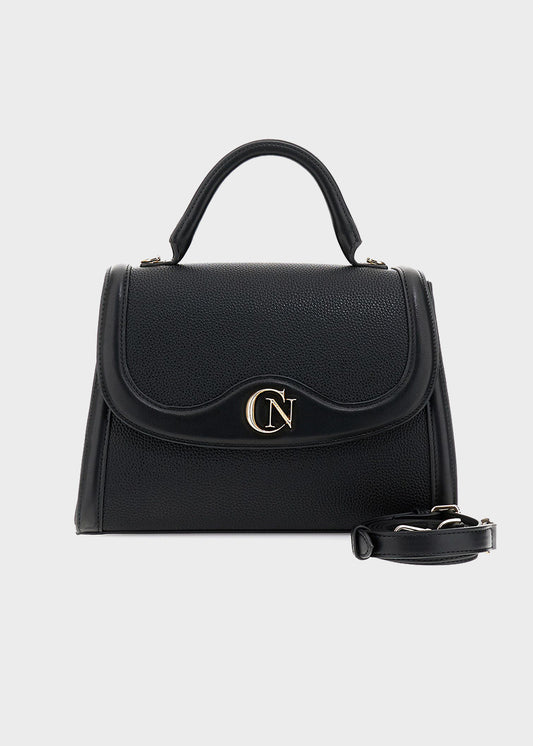 Handbag with shoulder strap and flap with logo