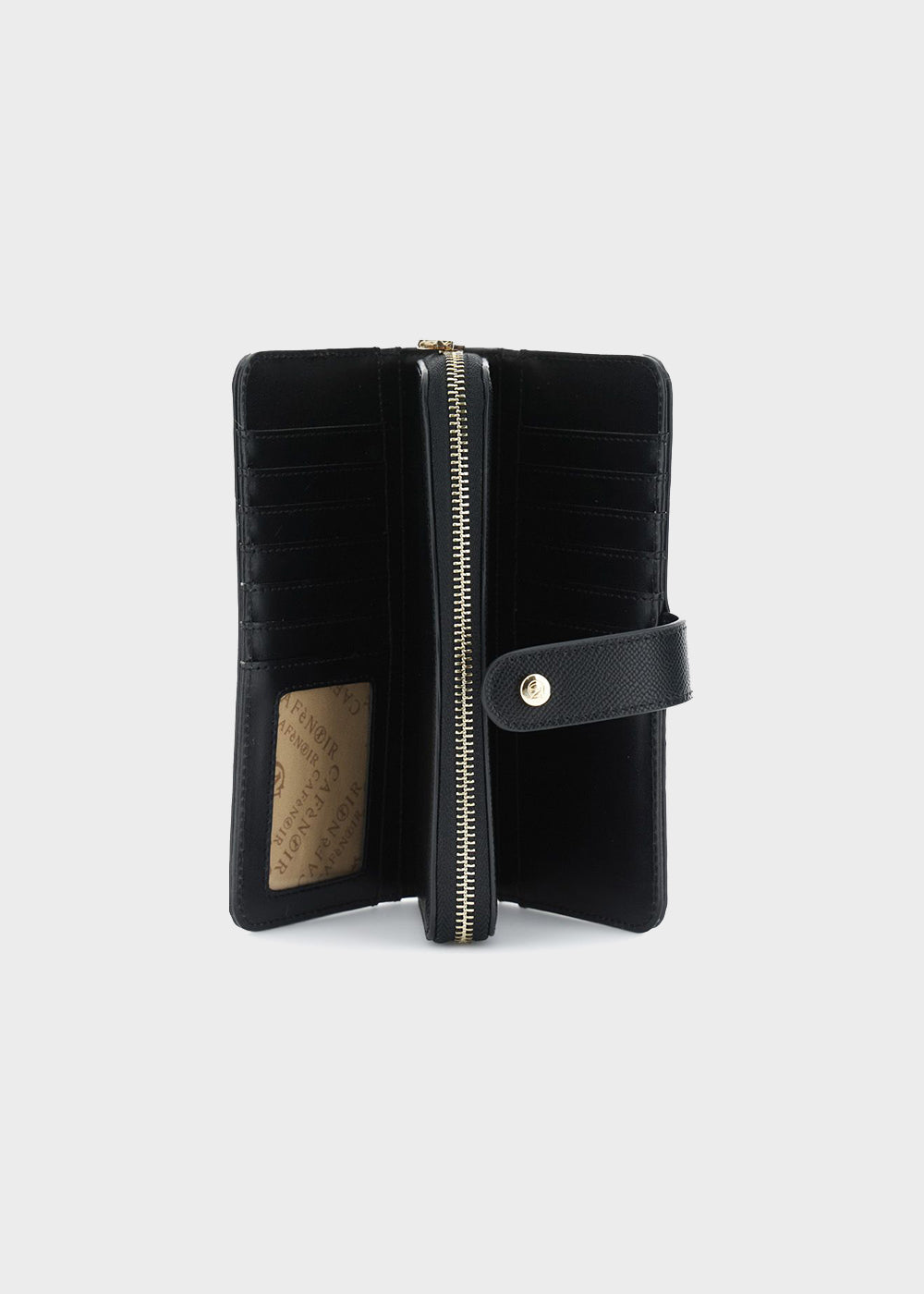 Wallet with zip closure and flap, with metal logo