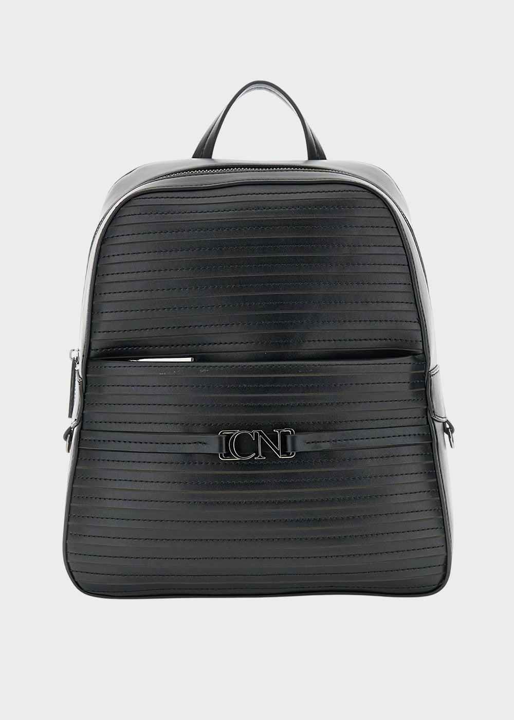 Zaino a righe con zip frontale e logo metallico