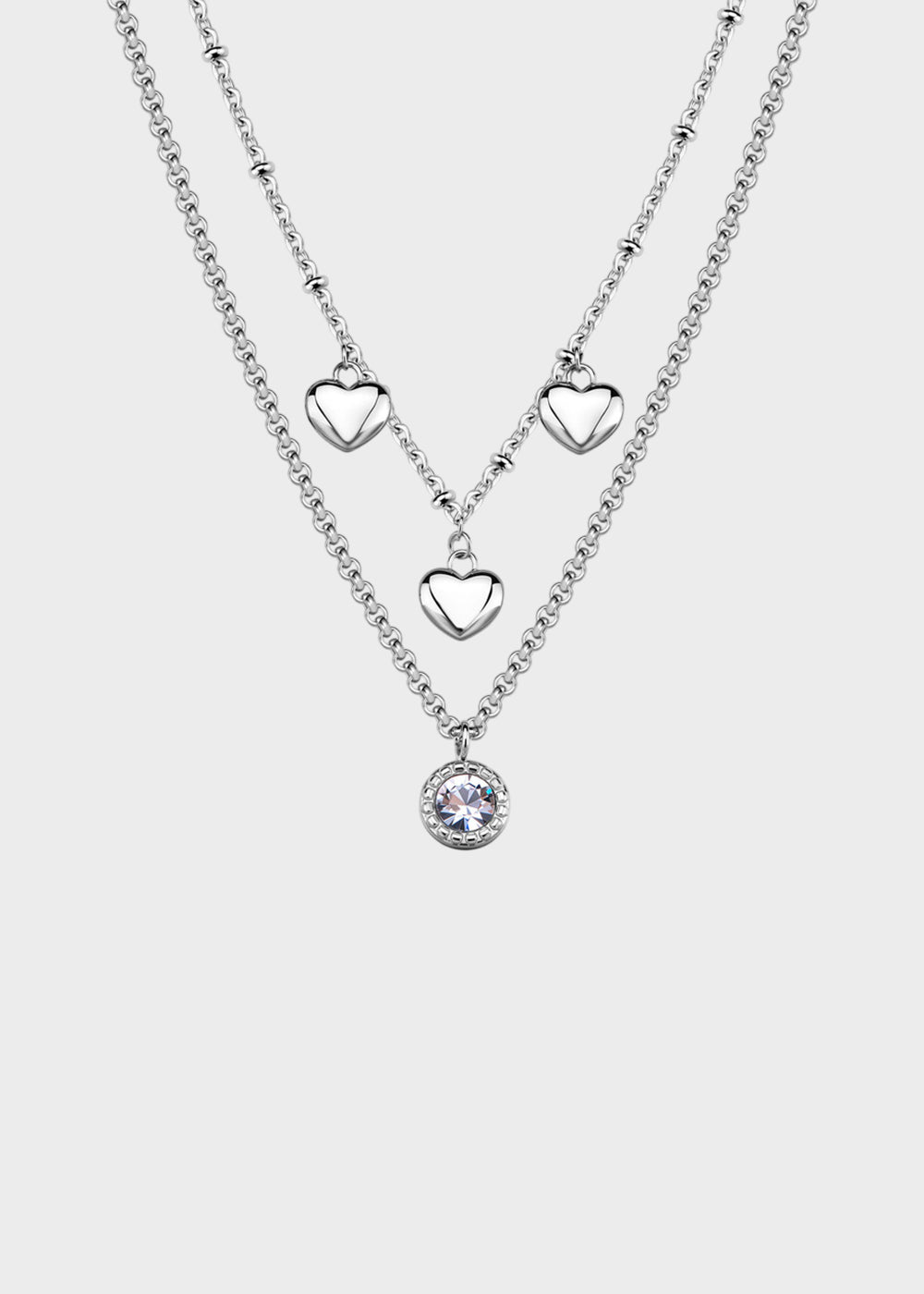 Collana Aurora doppiofilo in acciaio con cristallo e pendenti a forma di cuore