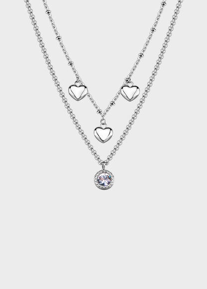 Collana Aurora doppiofilo in acciaio con cristallo e pendenti a forma di cuore