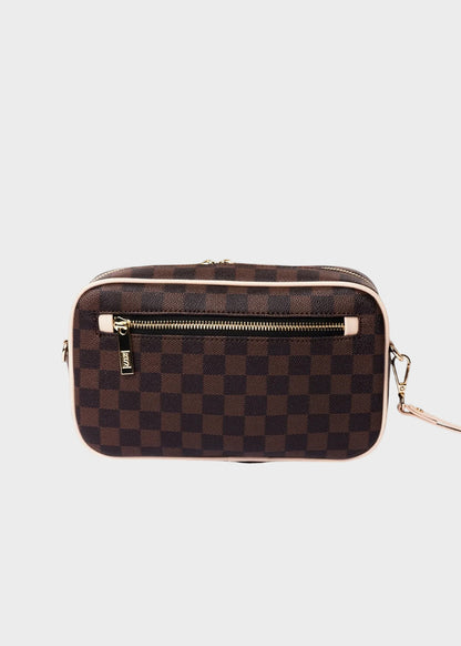 Pochette con manico da polso e tracolla, logo ricamato frontale e trama a scacchi